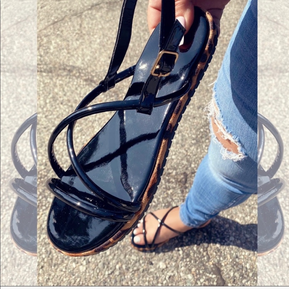 Vegan Patent Leather Sandals. Leopard 🐆 Trim